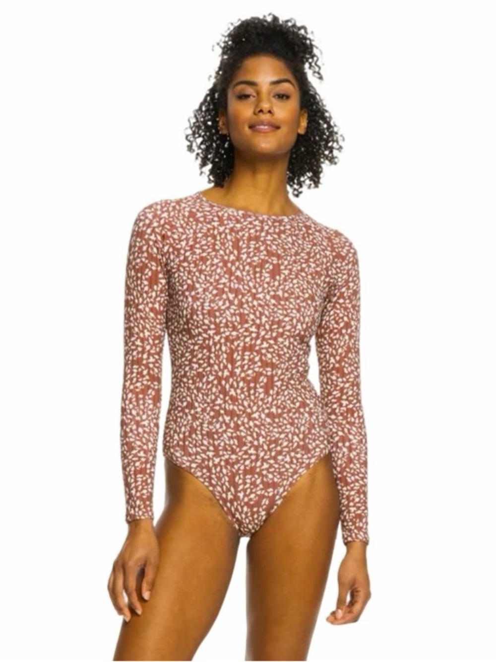 Roxy Love Long Sleeve One Piece Rashguard Size Large Rustic Brown Animalia Dot